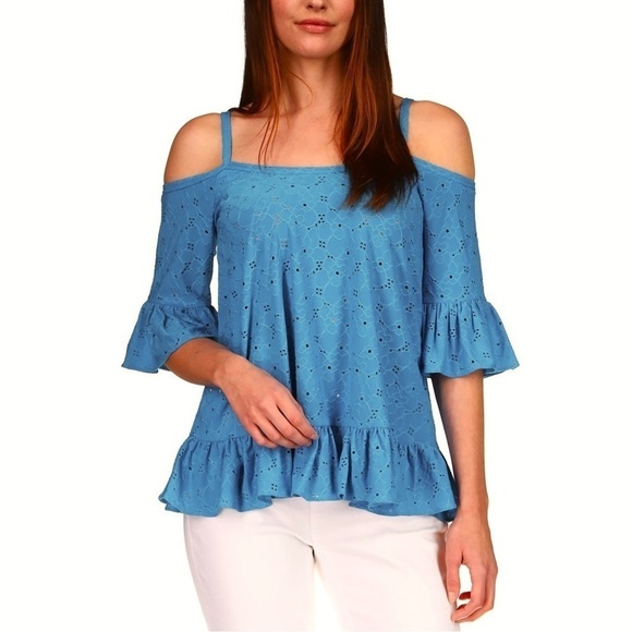 MICHAEL MICHAEL KORS Womens Blue Ruffled Elbow Sleeve Off Shoulder Top Sz Large - Picture 1 of 13